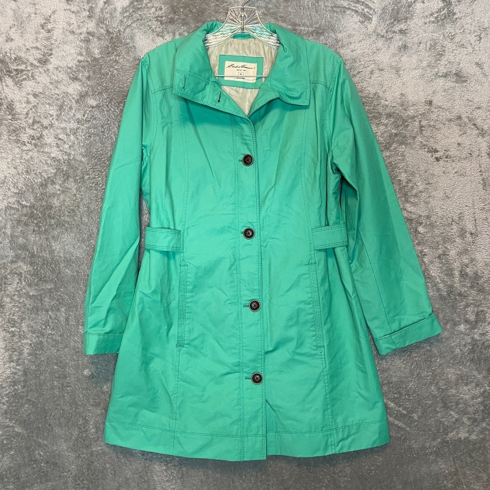 Eddie Bauer Women M Mint Green Cotton Blend Button Trench Rain Jacket Mac Coat